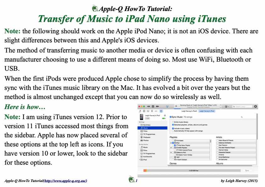 Apple-Q HowTo- Transfer of Music to iPod Nano using iTunes (2015-04)