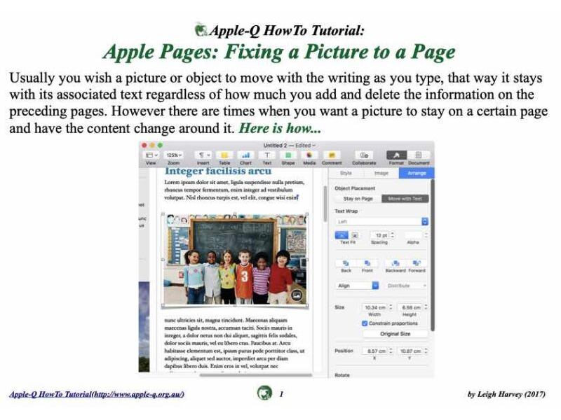 HowTo: Apple Pages: Fixing a Picture to a Page (2017)
